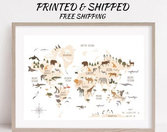 Kid Animal World Map Poster Nursery Animal World Map Print Kid Animal Nursery World Map Wall Art Salle de jeux Décor Carte du monde Chambre d’enfants