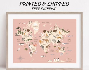 Animal World Map Print, Kids Nursery, Playroom Decor
