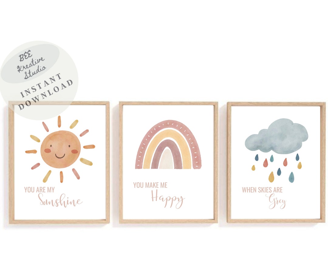 Boho Rainbow Nursery Print Set, Sun, Cloud Watercolor Art (digital ...