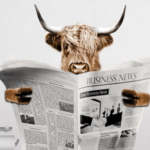 Scottish highland cow bathroom print funny bathroom cow art décor cow reading newspaper artwork cow wall art toilet art print animal picture image 6