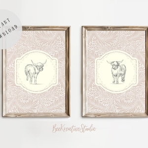 Highland cow nursery print boho highland cow vintage nursery wall art highland cow pastel floral printable highland cow kids bedroom decor