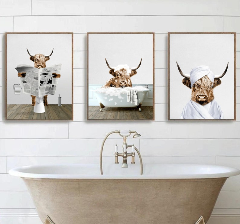 Ensemble de 3 vaches écossaises des Highlands Impression drôle de salle de bains Art mural animal fantaisie Décoration de salle de bain pour enfants Humour dans la salle de bain image 2