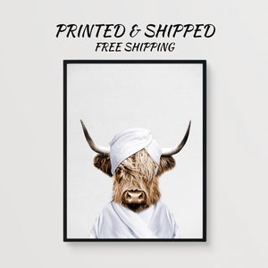Highland cow bathroom print cow spa bath bathroom wall art cow shower artwork cow towel on head funny cow bathrobe wall art cow picture