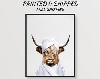 Highland cow bathroom print cow spa bath bathroom wall art cow shower artwork cow towel on head funny cow bathrobe wall art cow picture