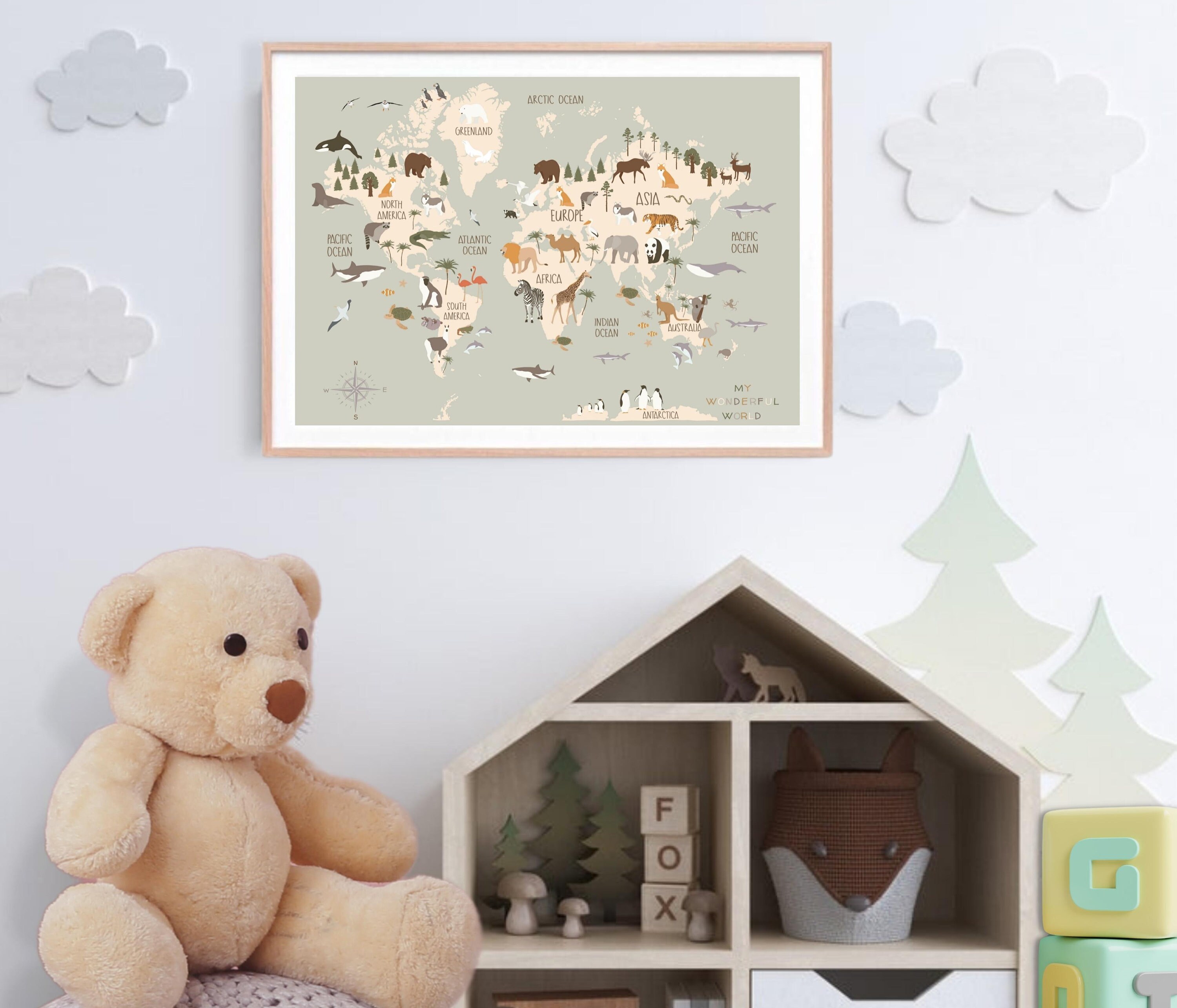 Kids World Map Art Print Educational Poster Nursery World Map Print Kid ...