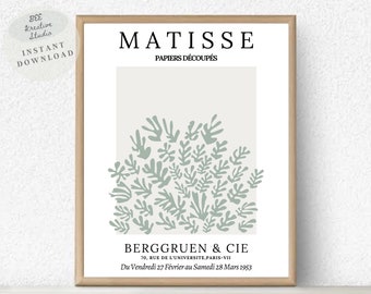 Könnte beinhalten: Ein minimalistisches Poster mit einem abstrakten grünen Design und dem Text "MATISSE PAPIERS DÉCOUPÉS" oben und "BERGGRUEN & CIE 70, RUE DE L'UNIVERSITE, PARIS-VII Du Vendredi 27 Février au Samedi 28 Mars 1953" unten.