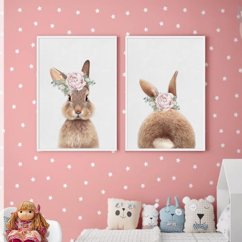 BUNNY RABBIT Wall Art Set of 2 Bunny With Floral Crowns Etsy Australia