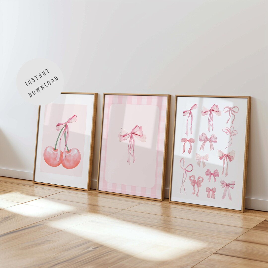 Coquette Wall Art Set: Pink Bow Cherry Watercolor Prints (digital ...