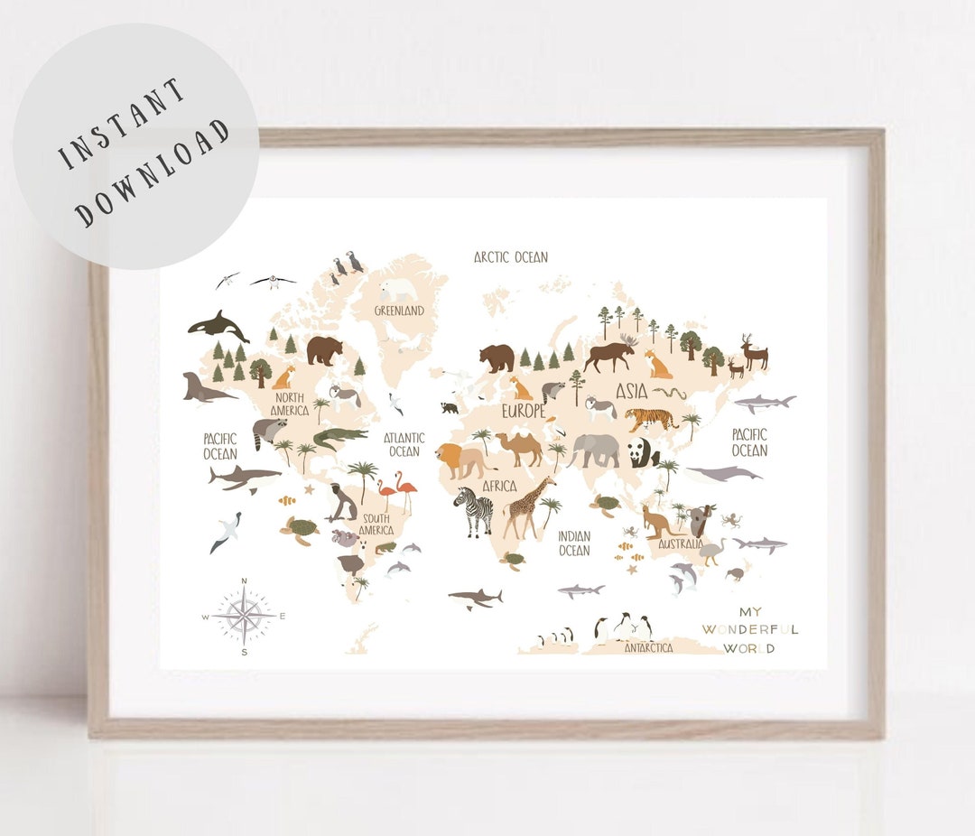 Kids Animals World Map Art Print, Educational Poster, Nursery Map Décor ...