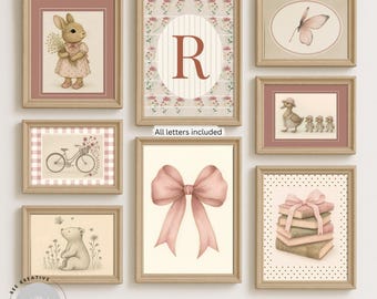 May include: Nine framed nursery wall art prints. The prints feature illustrations of a bunny, a butterfly, a duck with ducklings, a bicycle, a bear, a bow, a stack of books, and the letter "R". The prints are in soft pastel colors.