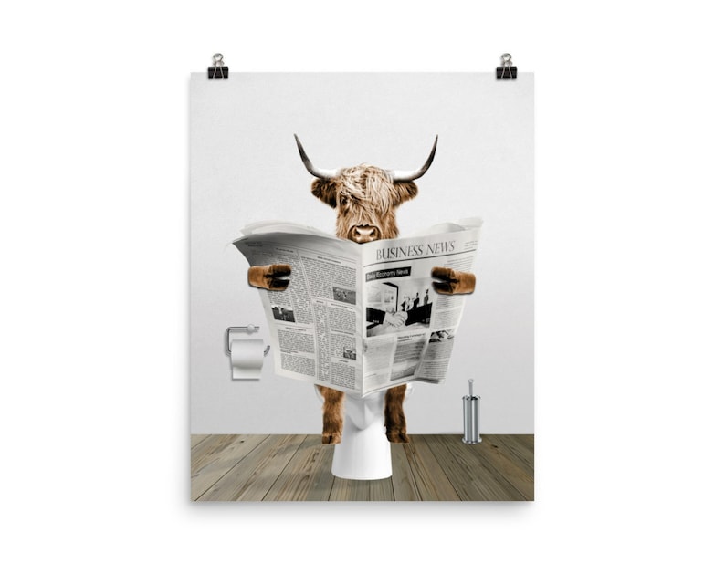 FREE WORLDWIDE SHIPPING! Printed & Shipped cow reading newspaper funny cow toilet artwork