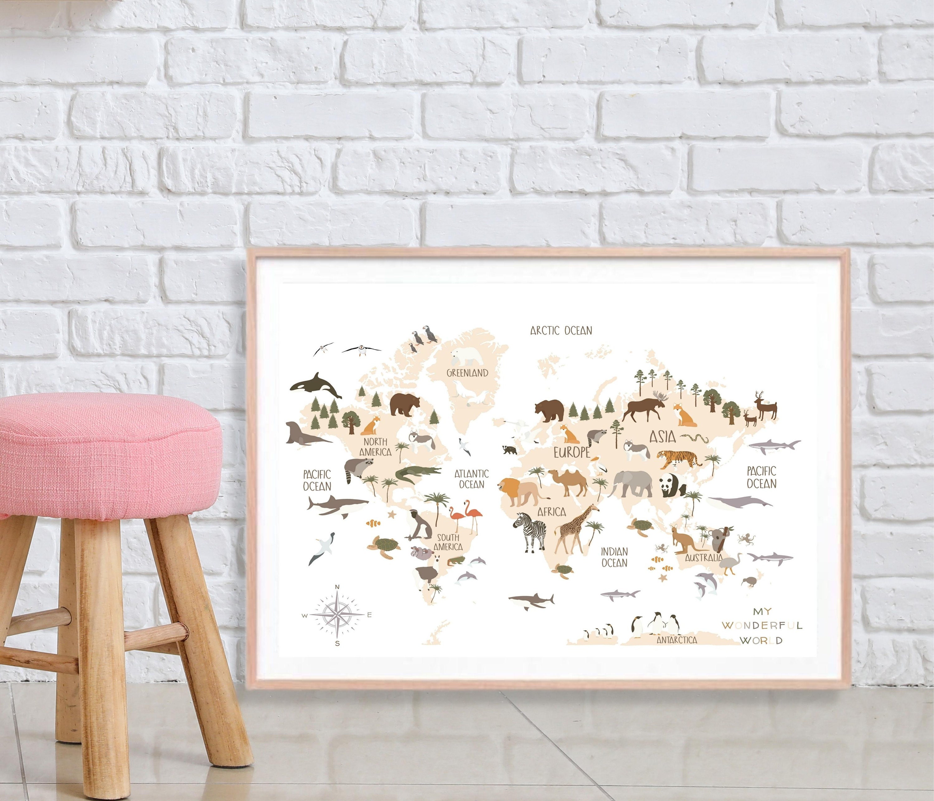 Kids World Map Art Print Kids Educational Poster Nursery Map of the ...