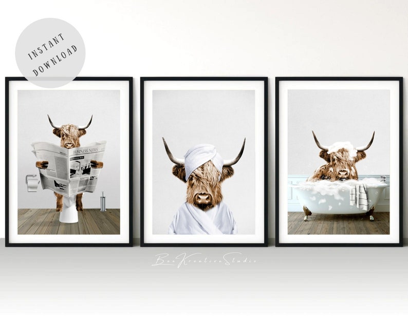 HIGHLAND COW DIGITAL DOWNLOAD PRINT!
Set of 3 Scottish highland cow bathroom decor. Add a little touch of whimsy, fun and humour to your bathroom decor with these printable animal bathroom humour prints.