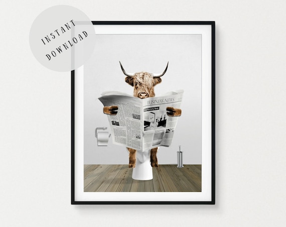 Scottish highland cow bathroom print funny bathroom cow art décor cow reading newspaper artwork cow wall art toilet art print animal picture