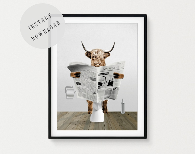 HIGHLAND COW DIGITAL DOWNLOAD PRINT!
Scottish highland cow bathroom print, funny cow in toilet reading newspaper bathroom art decor. Add a little touch of whimsy, fun and humour to your bathroom decor with this printable animal bathroom humour print.