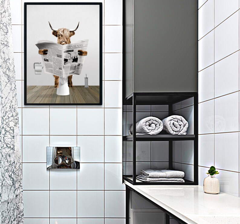 FREE WORLDWIDE SHIPPING! Printed & Shipped cow reading newspaper funny cow toilet print