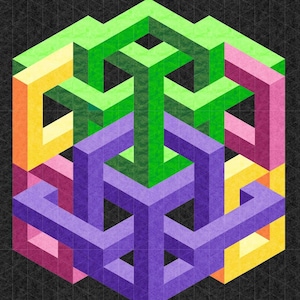 May include: An abstract geometric design featuring interlocking three-dimensional shapes in shades of green, purple, pink, yellow, and orange. The artwork is set against a dark gray grid background.