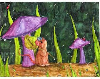 Little Mouse Art Print: "Caught in the Rain", Signed Glossy Finish (4x6)