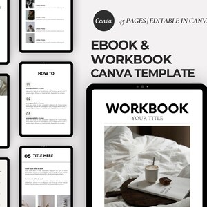 Op de afbeelding: Een digitaal Canva-sjabloon voor een e-book en werkboek met 45 bewerkbare pagina's. De lay-out bevat secties voor een welkomstbrief, inhoudsopgave en instructiestappen, weergegeven op tabletschermen met een witte achtergrond en zwarte tekst.