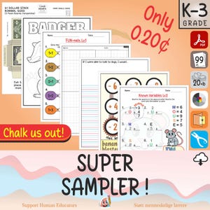 Può includere: Una raccolta di fogli di lavoro didattici per la scuola materna e primaria, con esercizi di matematica e pagine da colorare. L'immagine presenta il testo "SUPER SAMPLER!" e "Chalk us out!" con un prezzo di 0,20¢.