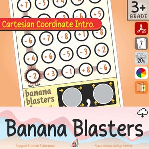 May include: A worksheet titled "Cartesian Coordinate Intro." with the text "Banana Blasters." The worksheet features circles with numbers and math symbols, designed for children aged 3+. Includes a PDF icon and a color wheel icon.