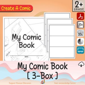 May include: A comic book set with the title "My Comic Book" and the text "Create A Comic". The cover features sketched illustrations and a space for a name. Includes blank comic pages and icons for PDF, 31+ ct, 20lb, and a cloud.