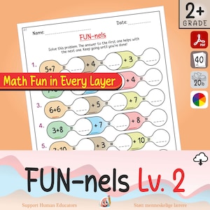 May include: A maths worksheet for 2nd grade, titled "FUN-nels Lv. 2". The page presents addition problems in a unique format, with the text "Math Fun in Every Layer" in a red banner. The worksheet includes space for the student's name and date.