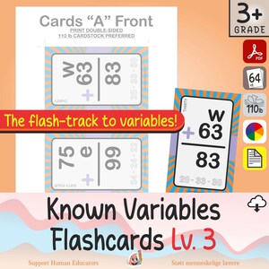 May include: Educational flashcards for math practice featuring a white rectangular design with a blue and orange striped border. The cards display algebraic equations with variables like W and e, plus numbers 63, 83, 75, and 99. Text includes Cards A Front.