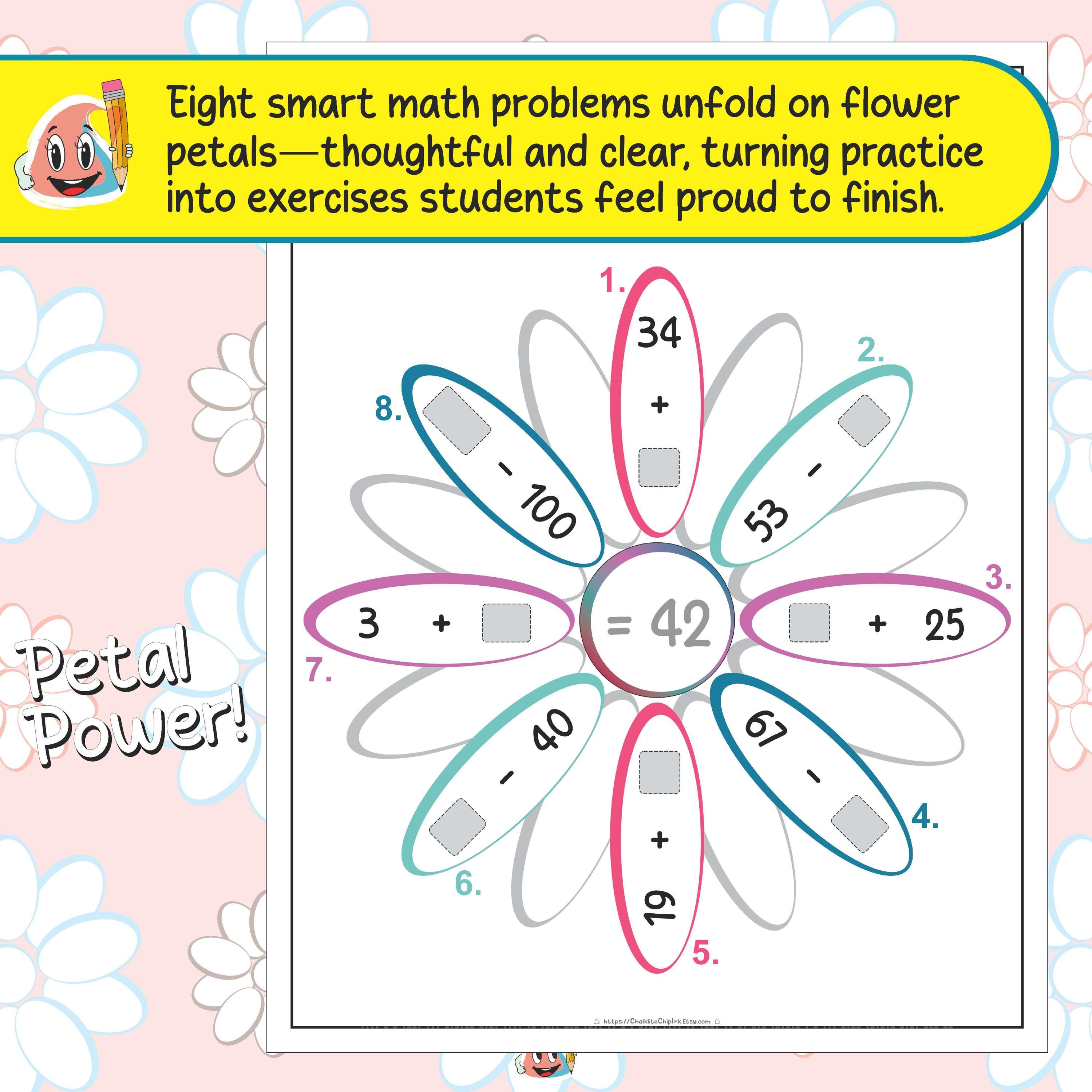 Logic Math Problems Flower Flower Math Worksheets for 3rd Grade - Petal Addition & Subtraction ...