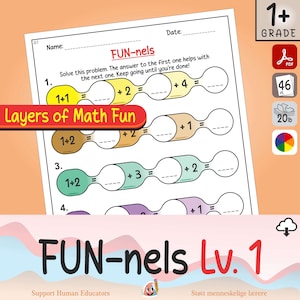May include: A maths worksheet for Level 1, featuring addition problems designed for children aged 6+. The worksheet is titled "FUN-nels" and includes the text "Layers of Math Fun". The problems are presented in a colourful and engaging format.