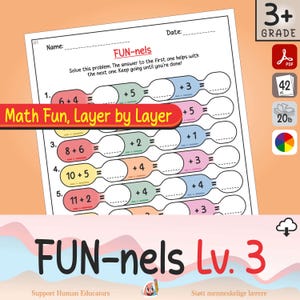 Può includere: Un foglio di lavoro bianco con problemi di addizione per il livello 3+. Il foglio di lavoro ha il titolo "FUN-nels" e il testo "Math Fun, Layer by Layer". I problemi riguardano l'addizione di numeri. Il foglio di lavoro include anche il testo "Risolvi questo problema. La risposta alla prima aiuta con la successiva. Continua finché non hai finito!"