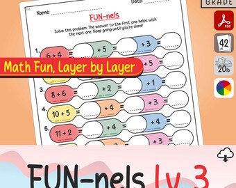 May include: A math worksheet titled FUN-nels featuring addition problems arranged in colorful, connected shapes. The page includes spaces for a name and date, with instructions to solve problems sequentially. Icons indicate a 3+ grade level, PDF format, 42 count, 20lb weight, and color printing.
