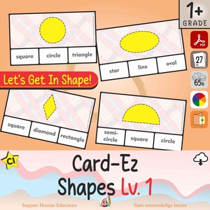May include: Educational flashcards featuring geometric shapes like circles, squares, and diamonds. Each card displays a yellow shape with its name below. The set includes the text "Let's Get In Shape!" and "Card-Ez Shapes Lv. 1".