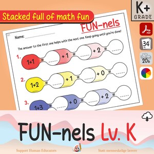 May include: A maths worksheet for kindergarten, titled "FUN-nels Lv. K", featuring addition problems. The worksheet uses colourful, funnel-shaped diagrams to illustrate the sums. Text includes "Stacked full of math fun" and "Keep going until you're done!"