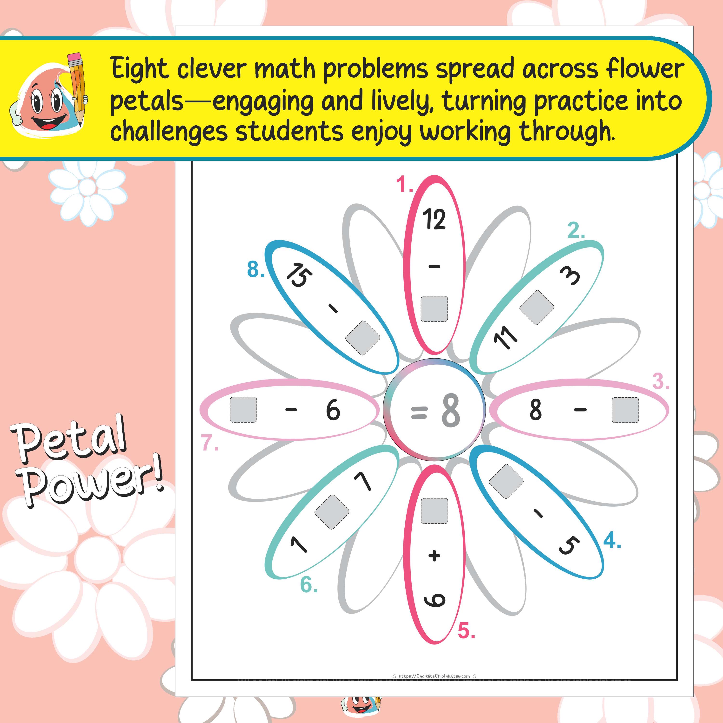 Flower Problem Geometry 2nd Grade+ - Printable Petals Math Worksheets - 8 Flower Petal Problems ...