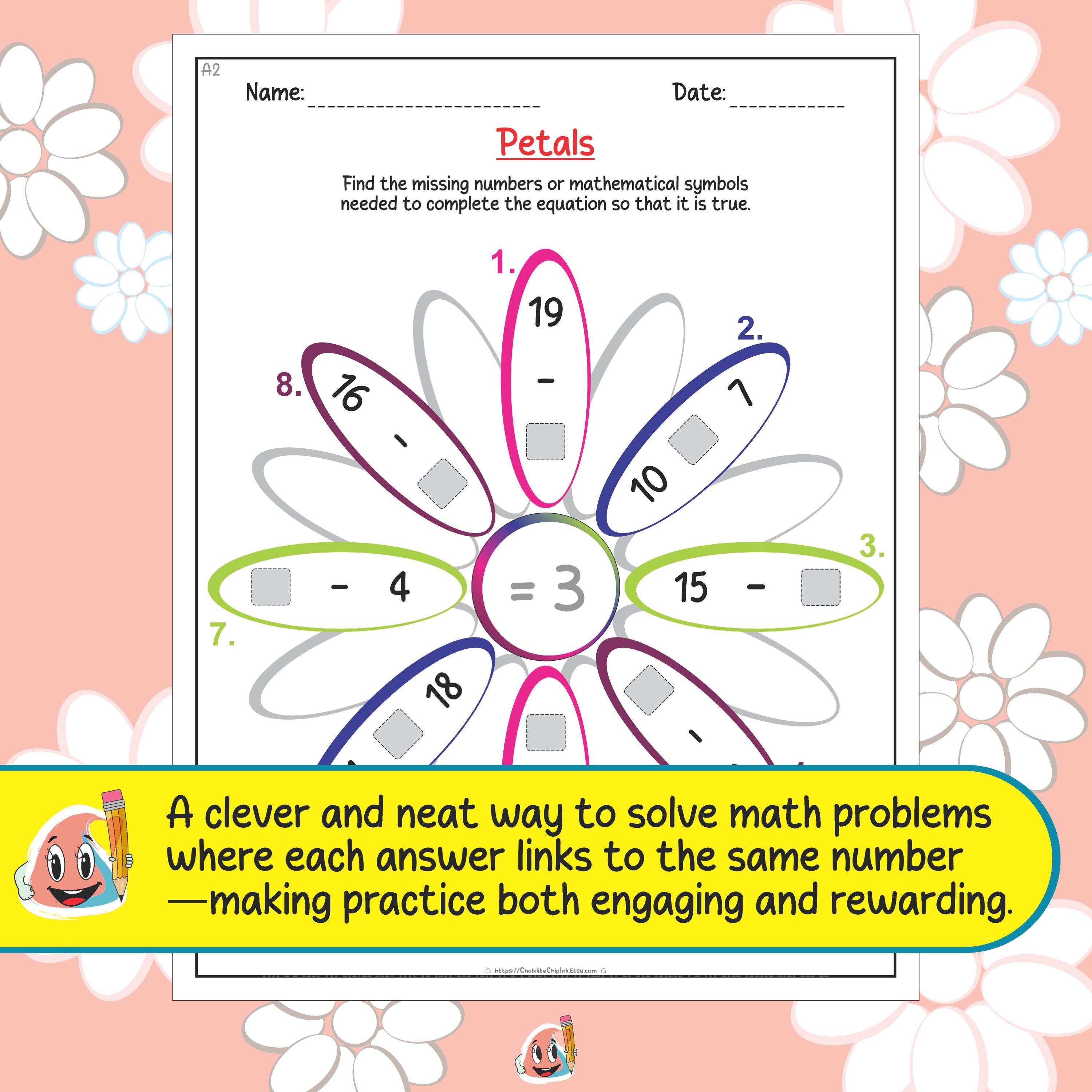 2nd Grade+ - Printable Petals Math Worksheets - 8 Flower Petal Problems ...