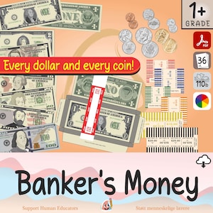 Dinero de juguete realista imprimible - Juego completo de billetes y monedas de EE. UU. - Para aprender y simular