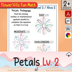 Pode incluir: Uma folha de exercícios Flower'iffic Fun Math para o 2º ano com exercícios de Petals Pedagogy. A página inclui níveis fácil, moderado e desafiador com diagramas em forma de flor contendo equações matemáticas com números em falta.