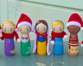 Hand-Painted Princess Peg Dolls: Holiday Figurine Set