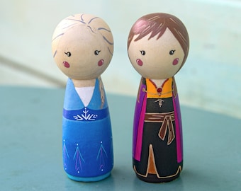 Hand-Painted Frozen Peg Dolls: Elsa and Anna Miniatures