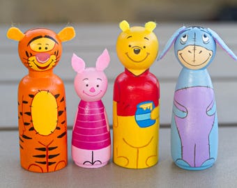 Hand-Painted Winnie-the-Pooh Peg Dolls: Wooden Figurines, Kids Gift