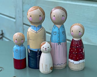 Muñecas de clavija pintadas a mano personalizadas. Foto familiar personalizada. Retrato en 3D. Figura de madera.