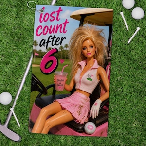 Lost Count After 6 Golf Towel | Pink Golf Cart Retro Doll Design