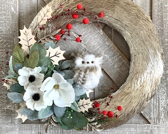 Winter Wreath, Christmas Wreath, Holiday Wreath, Owl, Holiday Decor, Front Door Decor