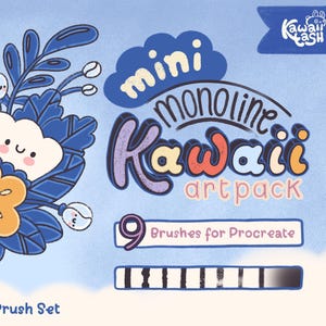 Può includere: Pacchetto di arte digitale per Procreate con un design floreale con fiori e nuvole sorridenti. Il testo recita "mini monoline Kawaii artpack" con 9 pennelli per Procreate. Include guide bonus e un coupon.