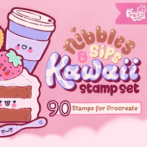 May include: A pink digital art graphic with kawaii-style food and drink illustrations, such as a cupcake, coffee cup, cake slice, and teacup. Text reads "Nibbles & Sips Kawaii Stamp Set" with "90 Stamps for Procreate".