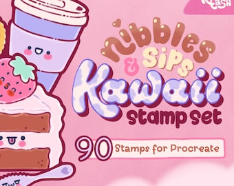 May include: A pink digital art graphic featuring cute food and drink illustrations, including a cupcake, coffee cup, cake slice, and teacup. Text reads "Nibbles & Sips Kawaii Stamp Set" with "90 Stamps for Procreate".