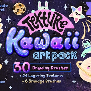 May include: A digital Procreate brushset titled Texture Kawaii Art Pack featuring 30 drawing brushes, 24 layering textures, and 6 smudge brushes. The dark purple background displays colourful illustrations of a moon, star, bee, and planet.