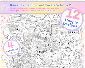 Volume 2 | 12 Months of Bullet Journal Cover Pages | Cute Kawaii Digital Coloring Pages for kids and adults | Instant Download PDF