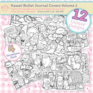 Volume 1 | 12 Months of Bullet Journal Cover Pages | Cute Kawaii Digital Coloring Pages for kids and adults | Instant Download PDF